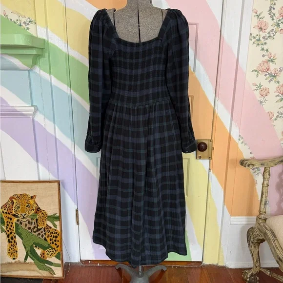 Madewell 100% Cotton Lightspun Long Sleeve Smocked Midi Plaid Dress Sz 2X ๐๐ - Picture 6 of 12